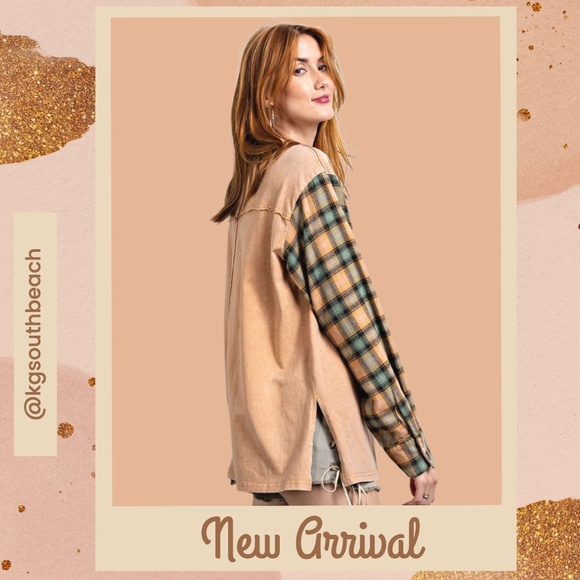 EASEL "In Your Dreams" Loose Fit Mineral Wash & Long Flannel Sleeves Tunic Top - Picture 2 of 12